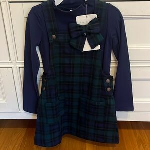 Max studio 4 green/blue holiday plaid long sleeve shirt with dress & barrette